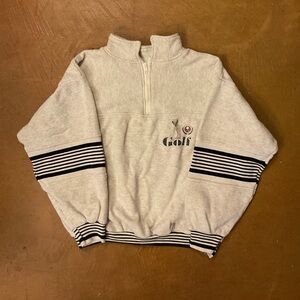 Gray Zip-Up Sweater with Striped Sleeves